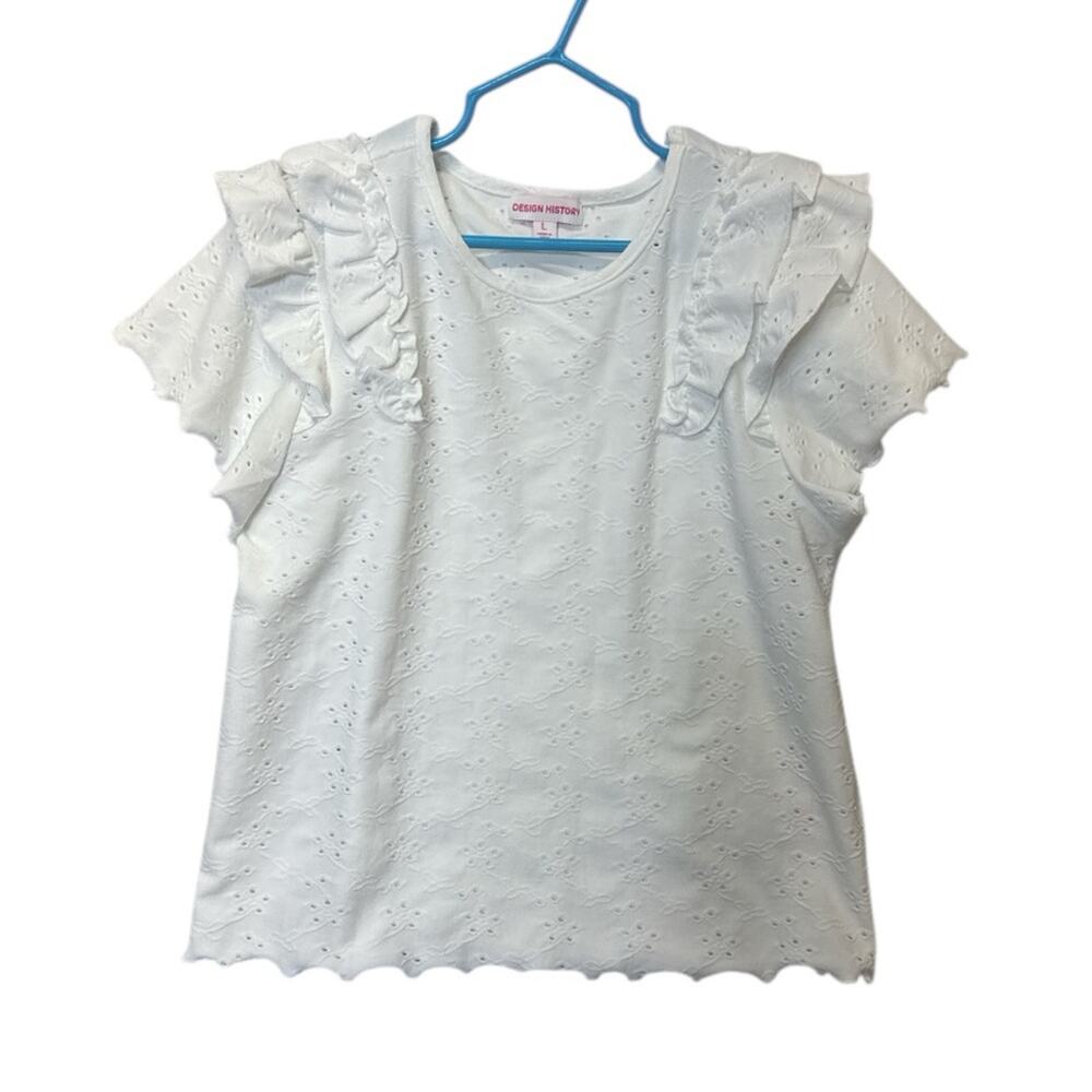 Design History Girls White Eyelet Ruffle Top Size Large Short Sleeve Boho NEW